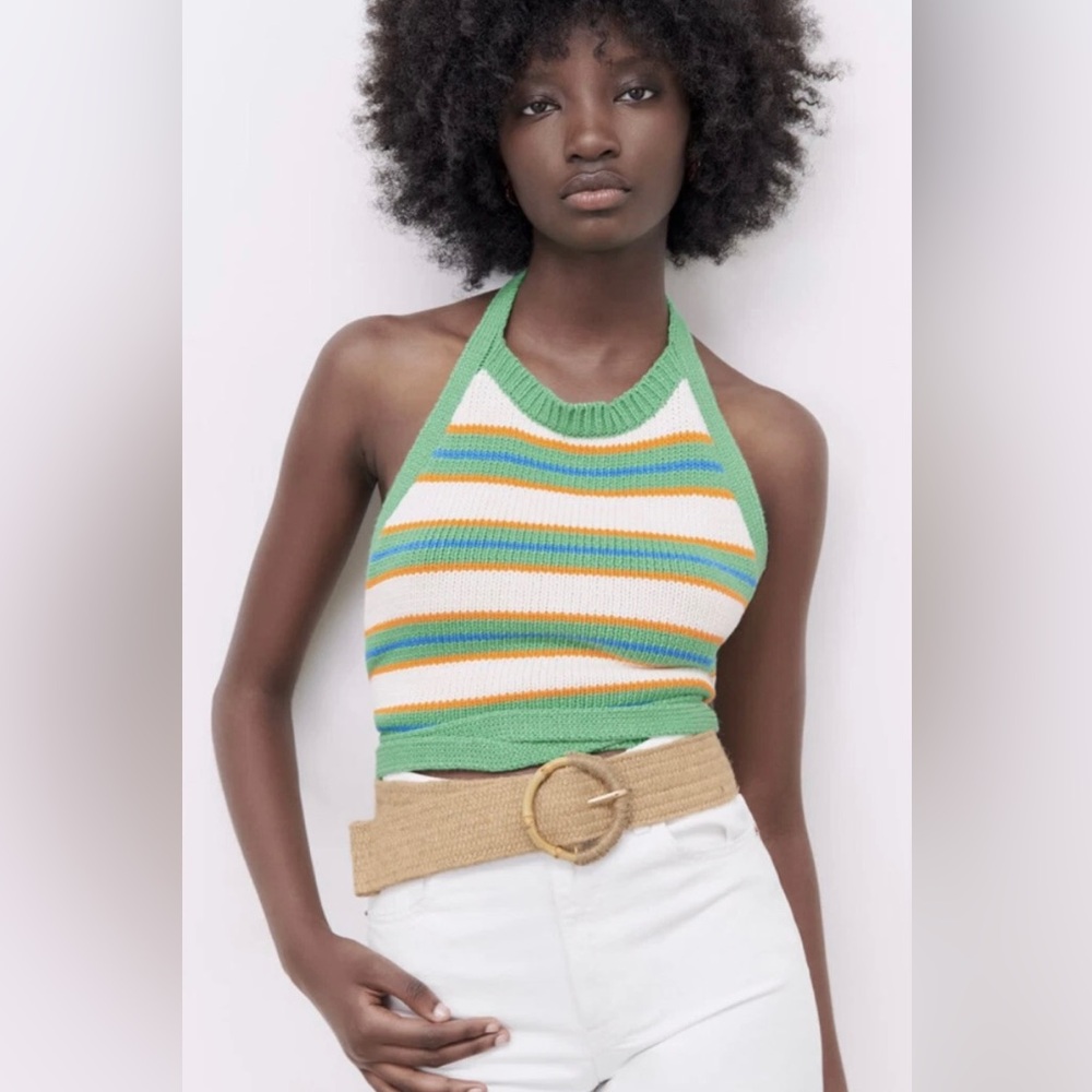 ZARA Tan Woven Jute Stretch Belt with Bamboo Accent